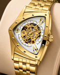 Mens Watch 30M Waterproof Skeleton Hollow Automatic Retro Triangle Wrist Watch (Gold White)