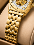 Mens Watch 30M Waterproof Skeleton Hollow Automatic Retro Triangle Wrist Watch (Gold White)