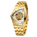 Mens Watch 30M Waterproof Skeleton Hollow Automatic Retro Triangle Wrist Watch (Gold White)